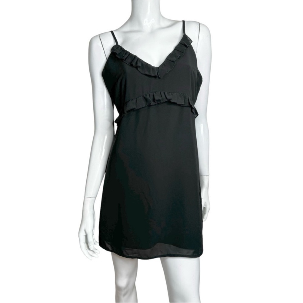 Honey Punch Black Ruffle Trim Shoulder Tie Strap Chemise Dress Large